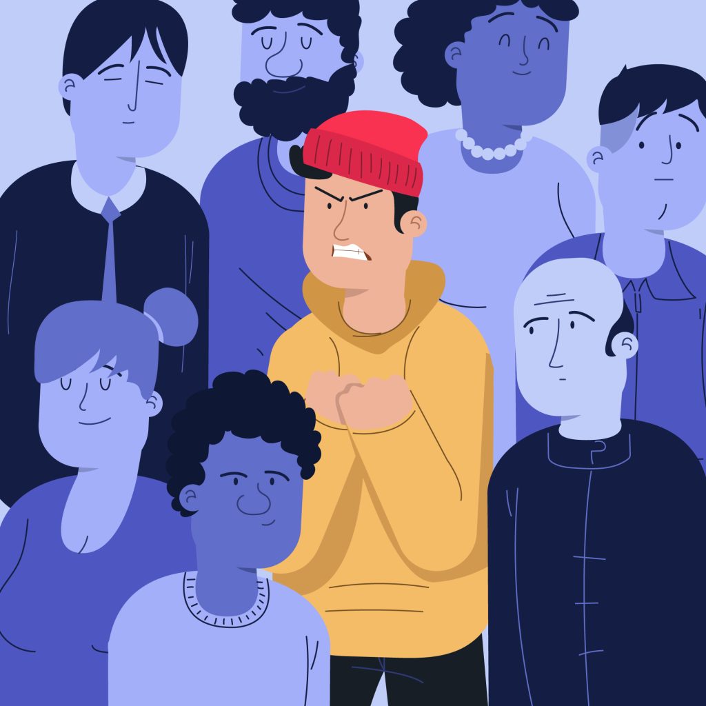 Angry man in crowd - human psychology