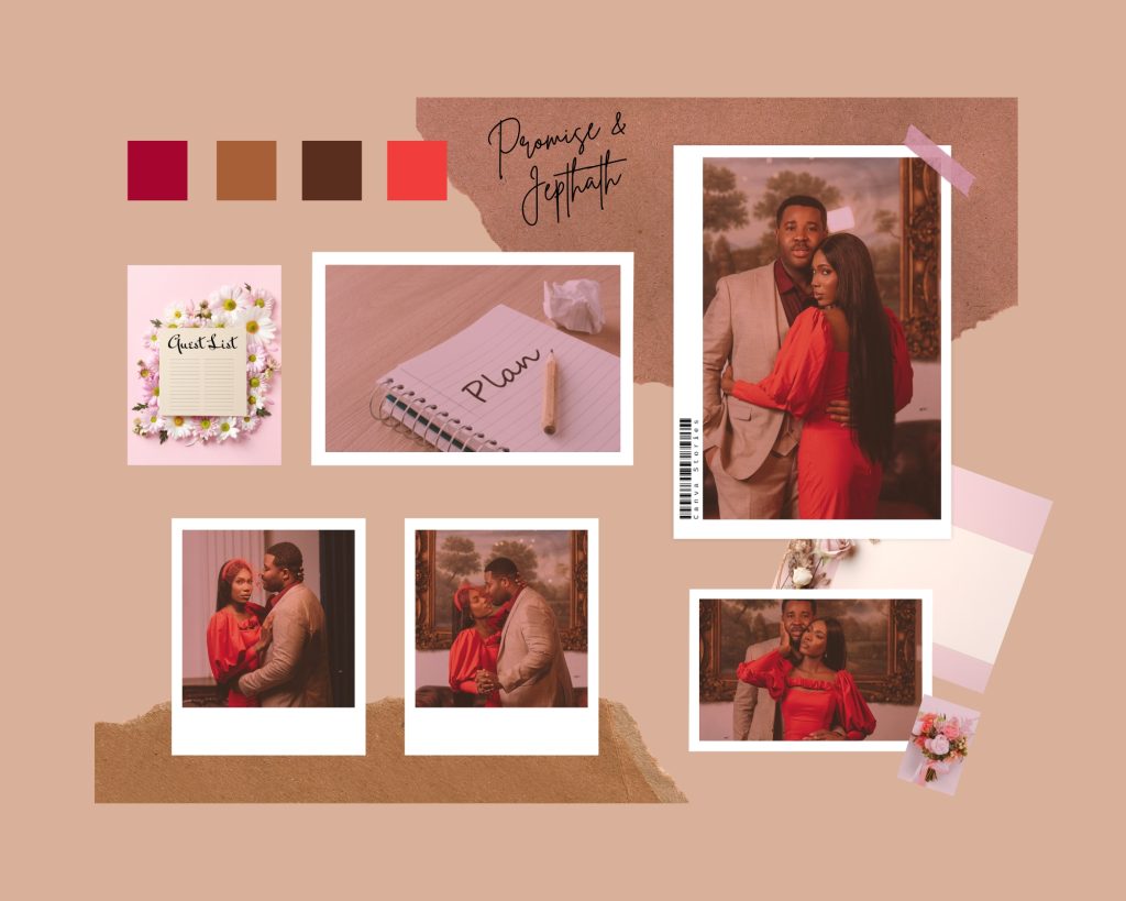 Event planning mood board for 'Promise & Jepthath' featuring multiple photos of the couple, color palette swatches (reds, browns), planning elements like 'Guest List' and notepad with 'Plan', and floral details on a neutral background.